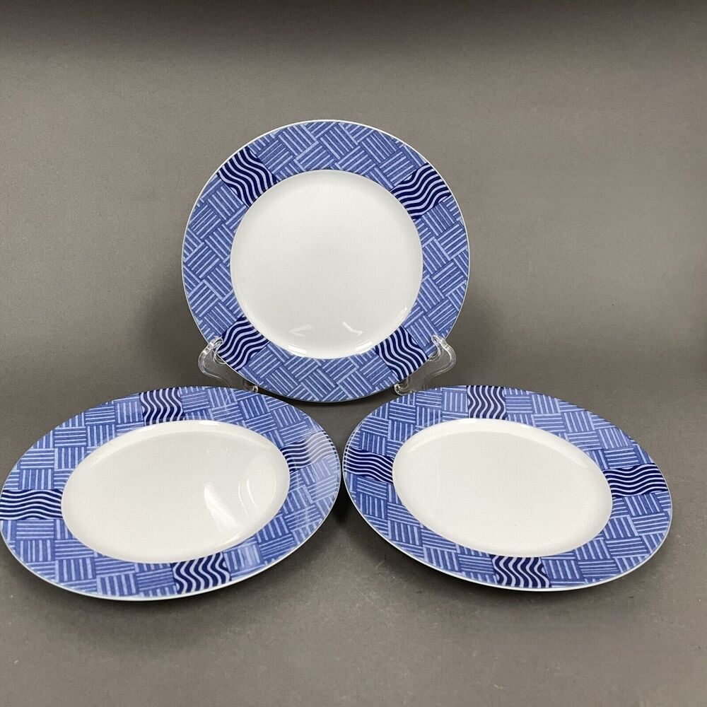 Crate & Barrel Rafia Blue White Wavy‎ Salad Plates Lead Cadmium Free Lot of 3